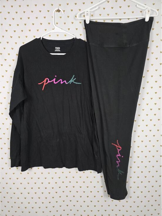 PINK Victoria's Secret Pants - Victorias Secret PINK Gradient Rainbow Bling GLITTER Tee Shirt Yoga Pants SET L